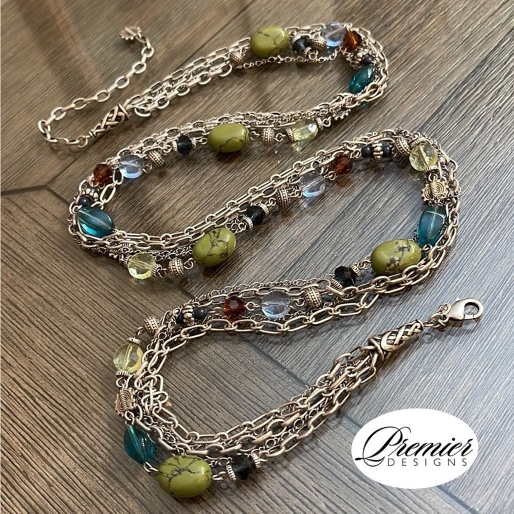 2011 Premier Designs Multi-Color Beaded Silver-tone  Necklace “Costa Rica”